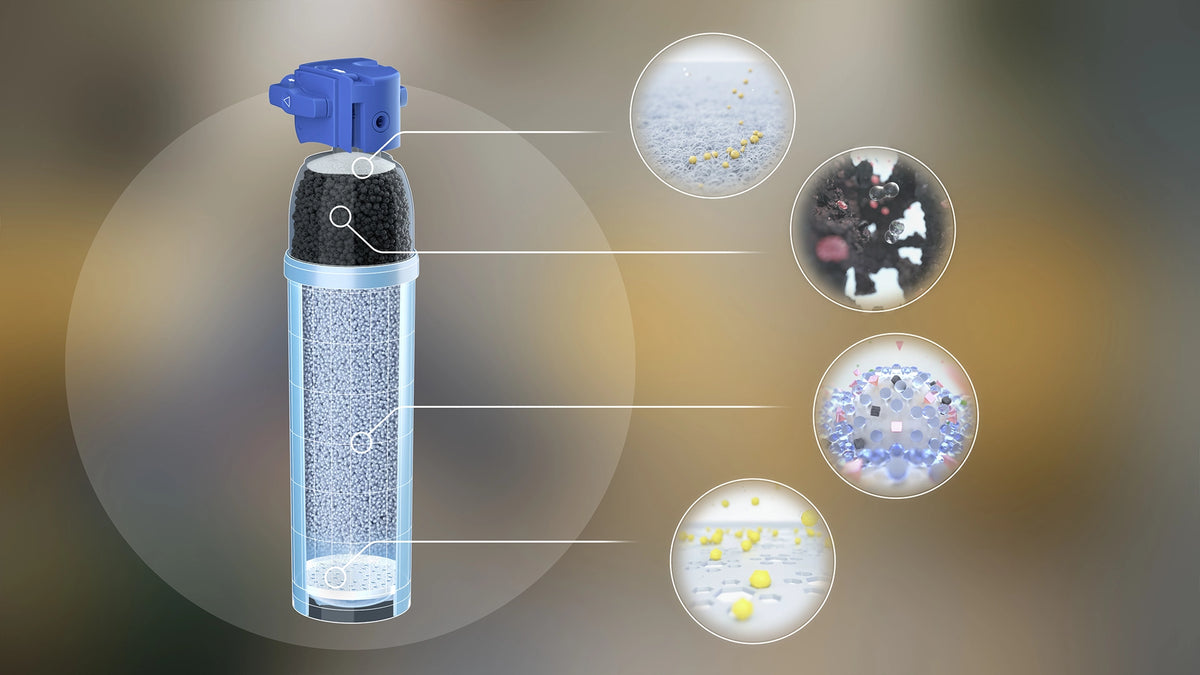 Video laden: Under-sink water filter cartridge shown from different views
